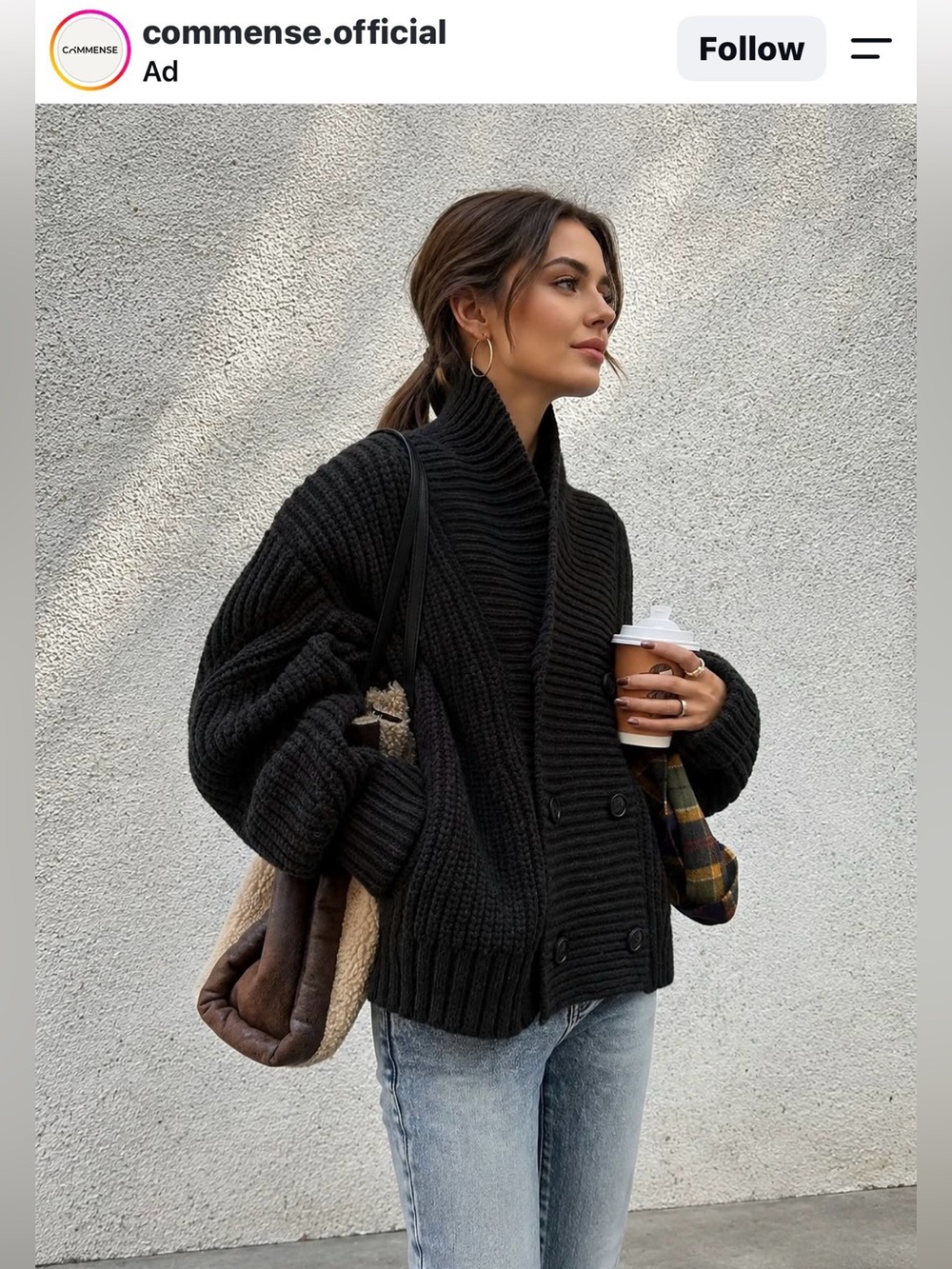 Commense Black Chunky Ribbed Shawl Collar Cardigan